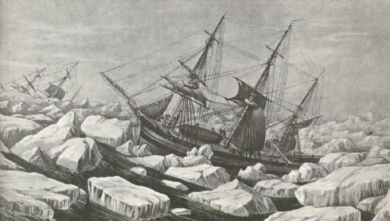  Erebus and Terror am riding out a tempest in packisen wonder Ross second travel 1842 to Antarctic Continent